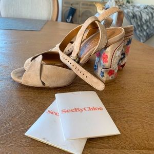 See by Chloe Nude Suede Ankle Strap Heels